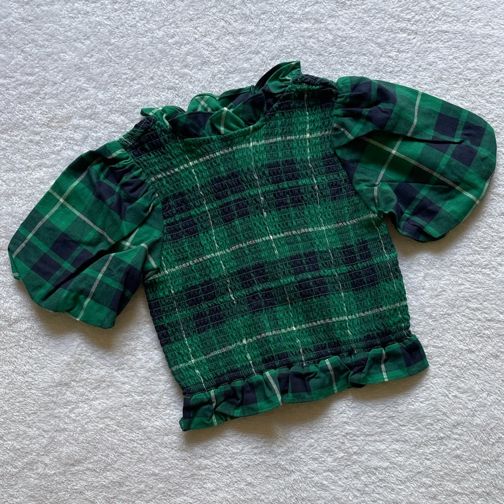 Janie and Jack Plaid Smocked Balloon Sleeve Blouse Top, Green/Blue, Girl's 6